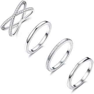 MILACOLATO 4 Piezas de Acero Inoxidable Apilamiento Anillos de Bodas Mujer CZ Criss Cross Anillo de Compromiso Chica Eternidad Knuckle Mid Ring Set Plata/Oro Rosa