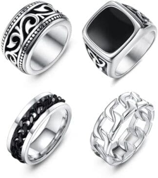 Diamday 4 Anillos Acero Inoxidable para Hombre, Anillos Sello Motorista Anchos Vintage, Juego De Anillos De Banda Giratoria De Cadena Cubana