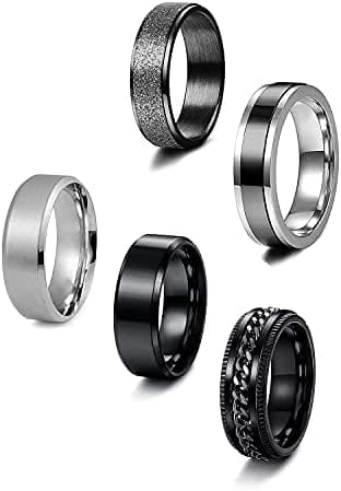 NUNCAD 5 Piezas Anillos Acero Inoxidable Set Vintage Cadena Anillos Giratorios Anillos para Hombres Mujeres Negro/Plata Pulido Regalo Joyería Accesorios Talla 14.5-24.5