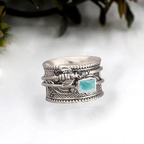 Anillo de meditación Spinner de abeja de miel de plata de ley 925 sólida, anillo de piedras preciosas azules de Larimar Natural, anillo único hecho a mano para mujeres/hombres - Imagen 2