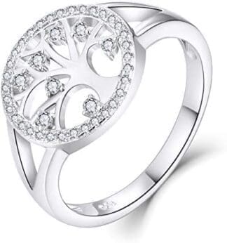 JO WISDOM Mujer Anillo de Compromiso de Plata de ley 925,Anillo Familia Árbol de la vida Yggdrasil Amuleto con Circonita AAA