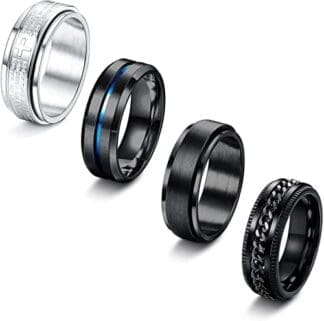 CASSIECA 4 Pcs Anillos de Acero Inoxidable para Hombres Anillos de Cadena Retorcida Set Anillos de Abridor de Cerveza Giratorio Vintage Negro Plata Azul Promesa de Boda Anillo de Banda Tamaño 12-30