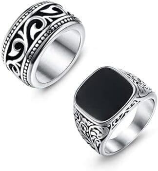 JeryWe 2 Piezas Acero Inoxidable Anillo de Sello Grande con Piedra Negra Turquesa para Hombres Vintage Biker Anillo Talla 14-27estiloB17