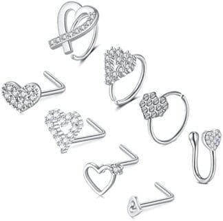 MODRSA Piercing Nariz Mujer Acero Inoxidable L Forma Anillos Piercing Nariz Mariposa Corazón Perforación Joyería 8Piezas