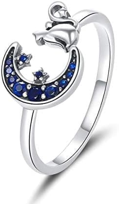 Qings Gato Anillo Ajustable Plata de Ley 925 Azul CZ Anillo Luna Estrella Anillo Gato Anillos Anillo Animal Abiertos Anillos Mujer JoyerÍA de Moda para Mujer Alianzas Boda