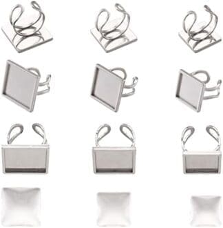 PandaHall 9 piezas de anillos de cabujón cuadrados, tamaño 7 ~ 8, anillos de dedo ajustables de acero inoxidable 304, componentes con cabujones de vidrio para mujer, fabricación de anillos de dedo