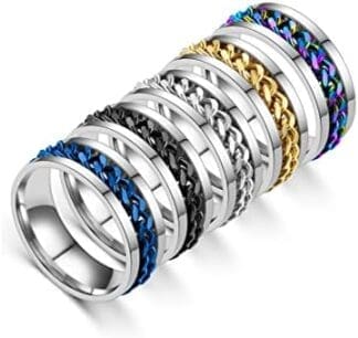 Teegxddy Paquete de 5 anillos de acero inoxidable para hombre con cadena torcida, cerveza, sacacorchos, 57