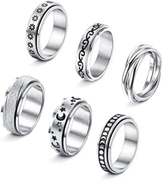 JeweBella 6 Piezas Anillo Antiestres Acero Inoxidable para Mujer Hombre Anillo Ansiedad Anillo Antiestres Giratorio Anxiety Ring Anillos Triple Entrelazado Rolling Flower Moon Star Anillo Talla 9-22