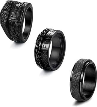 LOLIAS 3 Pièces Anillos de Acero Inoxidable Para Hombres Anillo de Cadena Trenzada Anillo Giratorio Acabado Anillos Inquietos de Ansiedad Conjunto Vikingos nórdicos Banda Gótica Anillo Negro Giratorio