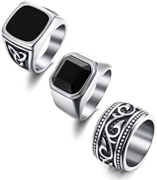 Finrezio 3 piezas Anillos de acero inoxidable para los hombres Set de anillos anchos de motociclista vintage Tamaño del anillo de sello 17-30(US 8-13)