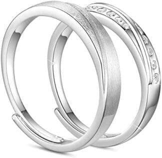 SHEGRACE Par de Anillos de Pareja en Plata de Ley 925 con Grabado Esmerilado y Anillos de Compromiso de Circonio 3A, Ajustables, Regalo para Amantes