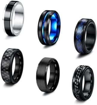 JeweBella 6 Pcs Anillos Hombre Acero Inoxidable Negro Vintage Cadena Anillos Set Giratorios Patrón de Dragón Bordes Biselados Anillo de Promesa de Boda para Hombre Mujer Talla 14-30