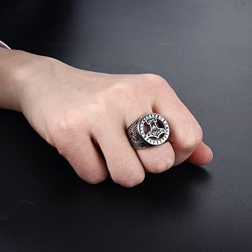 Adramata Anillo Hombre de Acero Inoxidable Anillo de Martillo de Thor Góticos Anillos Nudo Celta Negros Plata Anillos para Hombre Nórdica Vikingos Anillos Vintage Sello Anillos para Hombre Chico - Imagen 6