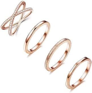 MILACOLATO 4 Piezas de Acero Inoxidable Apilamiento Anillos de Bodas Mujer CZ Criss Cross Anillo de Compromiso Chica Eternidad Knuckle Mid Ring Set Plata/Oro Rosa