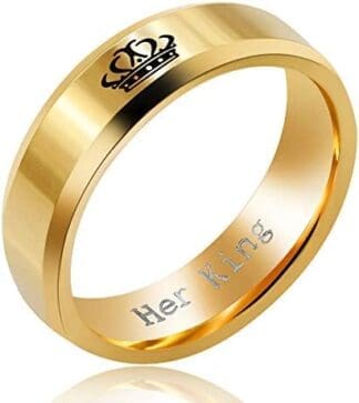 Uloveido Anillo de boda de acero inoxidable para hombres y mujeres, anillos de compromiso dorados para parejas con etiqueta de corona SN140