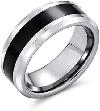 Bling Jewelry Simple Dos Tonos Negro Centro Parejas Titanio Anillo De Boda Para Hombres Para Mujeres Tono Plata Borde Biselado 8Mm