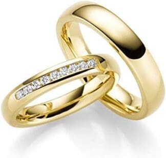 JC Trauringe Alianzas de plata 925, precio por par, chapado en oro, anillos de compromiso, anillos de pareja con grabado en elegante caja, 2 anillos de boda para hombre y mujer de 5,0 mm y con