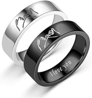 HMOOY Anillos Juego para Parejas, Te Amo Anillos Promesa Anillo Promesa Meñique Mano a Mano Juego Anillos Pareja para ÉL y Ella Bandas Compromiso Acero Inoxidable