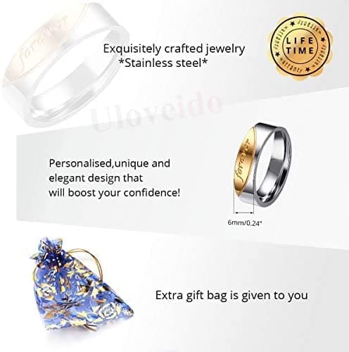Uloveido Titanio Acero Inoxidable Oro Love Forever Anillo 6mm Hombres y 4mm Mujeres Alianzas de Boda CR058 - Imagen 7
