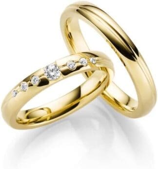 JC Trauringe Par de alianzas de plata 925, chapado en oro, anillos de compromiso de 3,5 mm de ancho, anillos de pareja con grabado en elegante caja, 2 anillos de boda para hombre y mujer con piedras