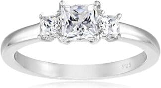 Amazon Collection Anillo Princess de plata de ley chapado en platino con circonitas y 3 piedras