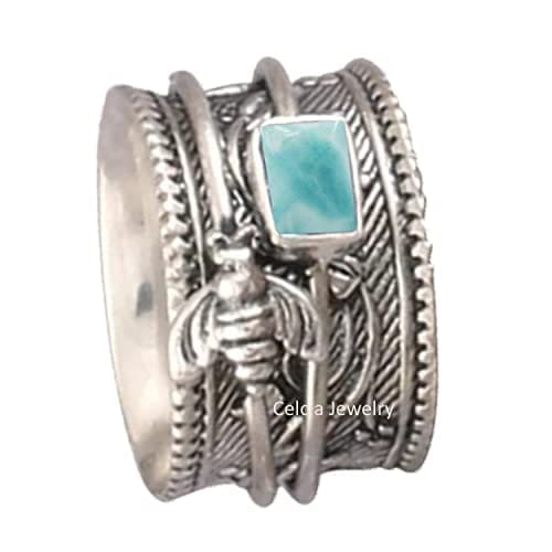 Anillo de meditación Spinner de abeja de miel de plata de ley 925 sólida, anillo de piedras preciosas azules de Larimar Natural, anillo único hecho a mano para mujeres/hombres