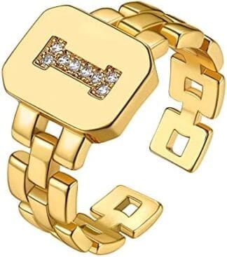 GOLDCHIC JEWELRY Sellos Anillos de Letras A-Z Iniciales de Nombre Anillo Abierto con Talla Ajustable, Chapado en Oro con Diamantes Simulados (con caja de regalo)