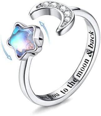 MILACOLATO Anillo Ansiedad De Plata Ley 925 Para Muje Niña Abiertos Ajustables Con Piedra Lunar Anillos Antiestres CZ Luna Estrella Anillo Giratorio Letras Anillos Joyas Fidget Ring Con Caja De Regalo