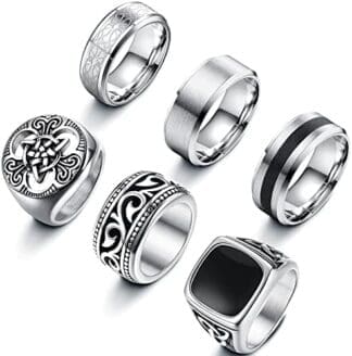 LOLIAS 6 Piezas Anillo Hombre Acero Inoxidable Anillo Sello Plateado Mate Anillos Nudo Celta Anillos Vintage Conjunto Hombres Anillos Goticos para Hombre
