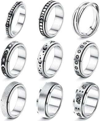 YADOCA 9 Piezas Anillos Ansiedad de Acero Inoxidable para Mujeres Hombres HipoalergéNico Anxiety Ring Alivio del EstréS Ansiedad Fidget Band Spinner Ring Moon Star Sand Blast Finish Ring