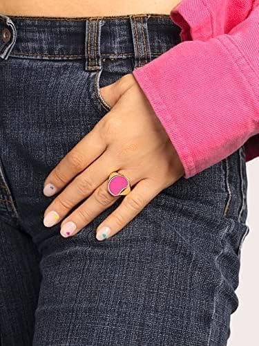 SINGULARU - Anillo Signet Bean Neon Pink Enamel - Anillo Grande de Latón con Acabado Baño de Oro de 18 Kt y Fucsia - Joyas para Mujer - Varias Tallas - Imagen 3