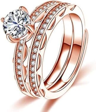 Bellitia Jewelry Anillos Banda de Boda Compromiso Promesa de Plata Esterlina 925 Chapado Platino/Oro Rosa, Anillo Apilable Ajustable con Circonita Cúbica para Mujeres