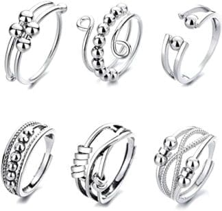Hillylolly Anillos Ansiedad, 3/6 Pcs Anillos Ajustables Mujer, Anillo Antiestres Giratorio, Anillos Abiertos, Anillo Cuentas Ansiedad, Juego de Anillos, para Aliviar el Estrés
