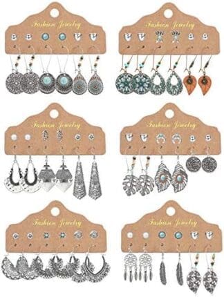 CASSIECA 36 pares Pendientes Colgantes de Retro para Mujeres Niñas Pendientes de Bronce de Plata Vintage con Perla Hoja Hueca Turquesa Incrustación Joyería Bohemia para Regalos de Cumpleaños Fiesta