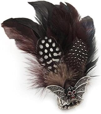 Avalaya Anillo elástico con calavera voladora oversize negro/blanco y pluma/tono plata/ajustable/14 cm L Metal, Metal