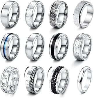 LOLIAS 12 Piezas Anillos Hombre Plata Acero Inoxidable Acabado Mate Anillo Cadena Banda Pulido Abrebotellas Anillos Alianzas Boda Anillo Compromiso Vintage Fidget Anillo para Hombre Mujere