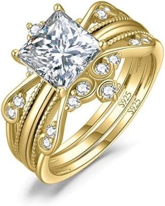 JewelryPalace Corona Anillo Mujer Plata Oro 14k Oro Rosa, Solitario Anillo Compromiso 2ct Circonita Corte Princesa, Anillo Promesa Vintage Diamante Simulado, Banda de Boda Conjunto Novia