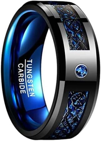 NUNCAD Anillo para Hombre Mujer Unisex de Tungsteno con Zirconia Azul y Fibra de Carbono Dragón Celta Negro + Azul 8mm de Ancho Talla 11.75-37.5