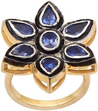 3,85 CTW Natural Fancy Shape Tansanit Blumen Fingerring, 14 Karat vergoldet Sterling Silber handgefertigten Vintage Ring