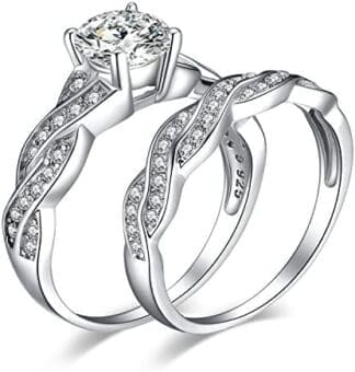 JewelryPalace Infinito Anillo Mujer Plata Oro 14k Oro Rosa, Anillo Compromiso Solitario 1.3ct Circonita Corte Redonda, Anillo Promesa Banda de Boda Piedra Diamante Simulado, Conjunto Joyas Novia