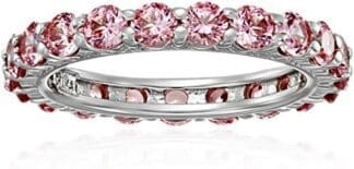 Amazon Collection Anillo de eternidad de plata de ley chapada en platino con circonita Swarovski, color rosa