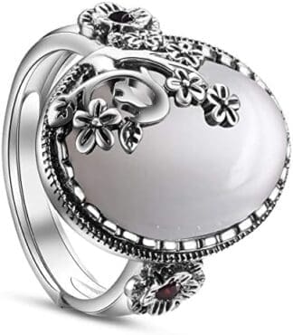 SHEGRACE Anillo de Granate Vintage Ovalado para Mujer con Flor de Granada en Plata de Ley 925 Anillo Retro Elegante, 19 mm (Tamaño 60), Ajustable