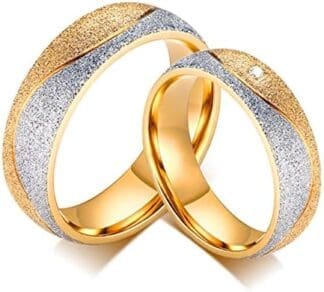 HCMA Nuevo Anillo de Compromiso de Pareja de Moda para Mujeres, Hombres, Anillos de Boda de Acero de Titanio de Color Dorado con Chorro de Arena, joyería