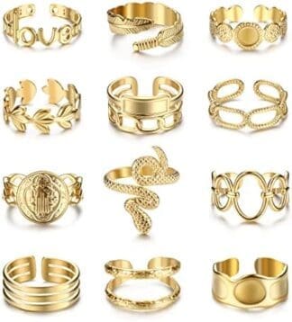 FIOROYAL 12Piezas Anillos Mujere Niña Acero Inoxidable Apilables Anillos Boho Midi Anillos Ajustable Anillo Abierto Thick Chunky Pulgar Anillos de Promesa de Boda Oro/Plata
