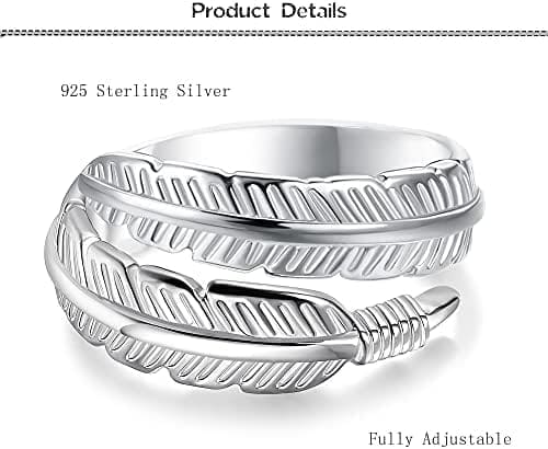 BESTEEL Anillo De Plata Esterlina 925 para Mujer Niñas Anillos de Compromiso Boda Pluma Anillo Hojas Alas de Angel Vintage Anillo Abierto Ajustable… - Imagen 2