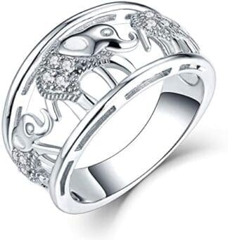 JO WISDOM Mujer Anillo de Compromiso de Plata de Ley 925,Anillo Elefante Suerte Amuleto Animal con Circonita AAA