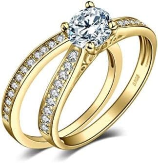 JewelryPalace Solitario Anillo Mujer Plata Oro 14k Oro Rosa, Anillo Compromiso 1ct Circonita Corte Redonda Diamante Simulado, Banda de Boda Media Eternidad Piedra, Anillo Promesa Conjunto Novia