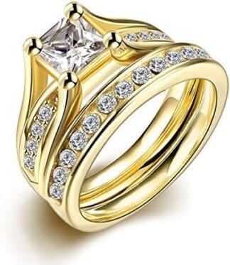 Set de anillos ZUMUii Butterme de titanio 316l dorado con solitario corte princesa de circonio, anillos de compromiso, set de anillos de boda para hombre y mujer tamaño 6-9, color amarillo, tamaño #7