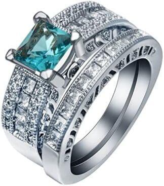 ANAZOZ Anillo Mujer Matrimonio,Anillo Cobre Mujer Anillo Mujer Set con 4 Garras Cuadrado Circonita Anillos Boda Plata Azul Verde Anillo de Mujer Talla 12(52mm)-22(62mm)