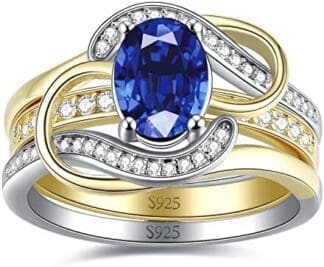 JewelryPalace Anillo Plata Mujer Zafiro Creado Azul, Anillo de Compromiso Plata de Ley 925, Anillo Promesa Banda de Boda Conjunto para Novia